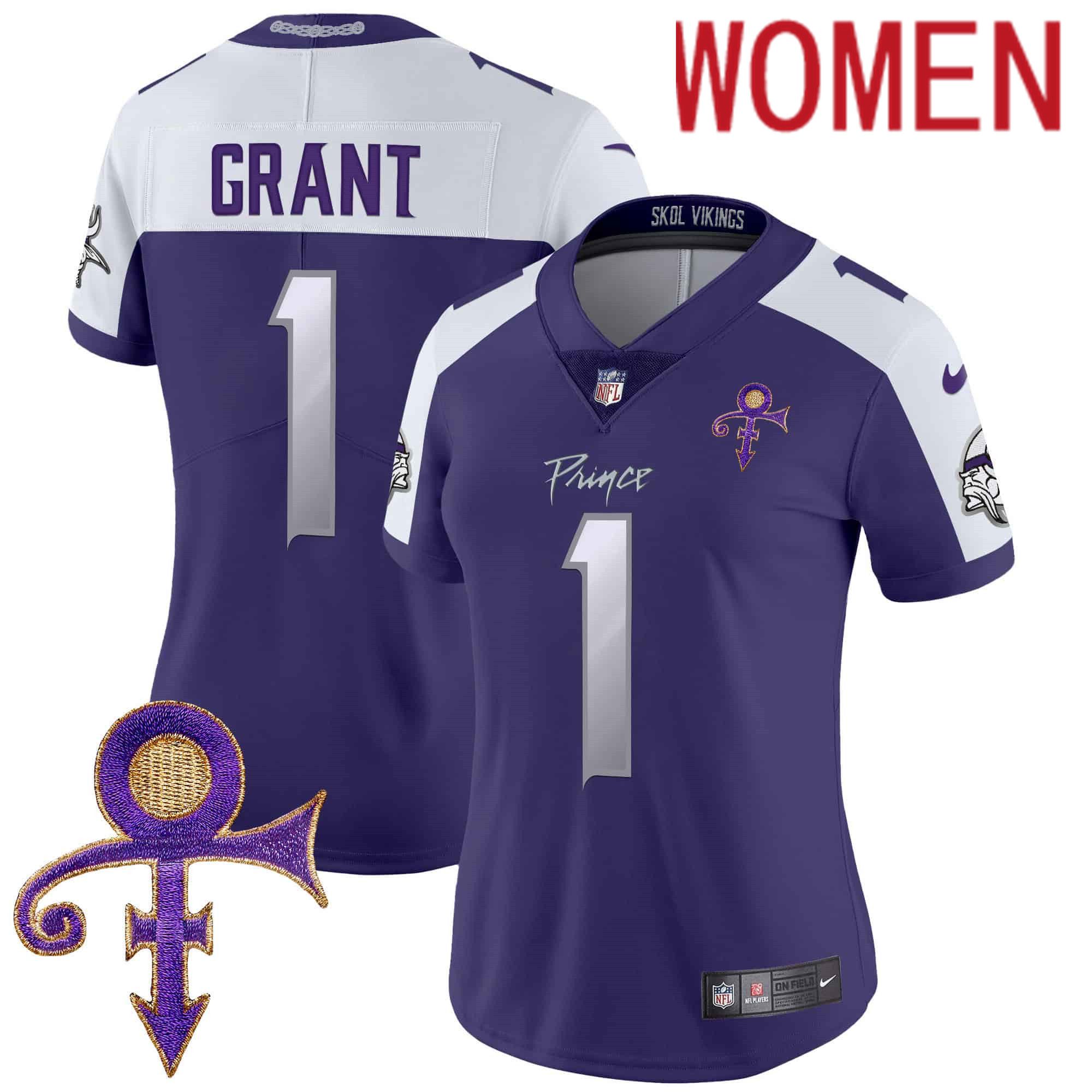 Women Minnesota Vikings #1 Grant Purple 2024 Nike Prince Vapor Limited NFL Jersey